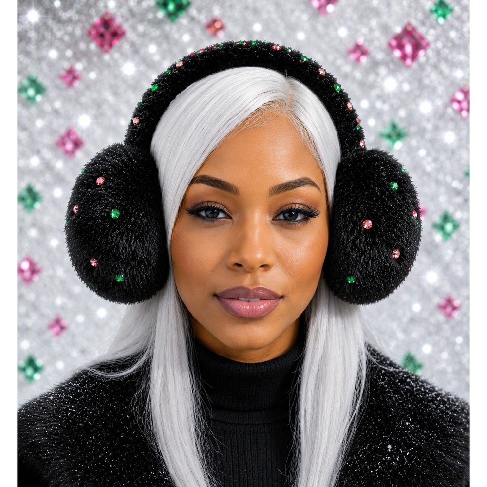 AKA Black Earmuffs design with pink, green Logo, Pearls, rhinestone custom made